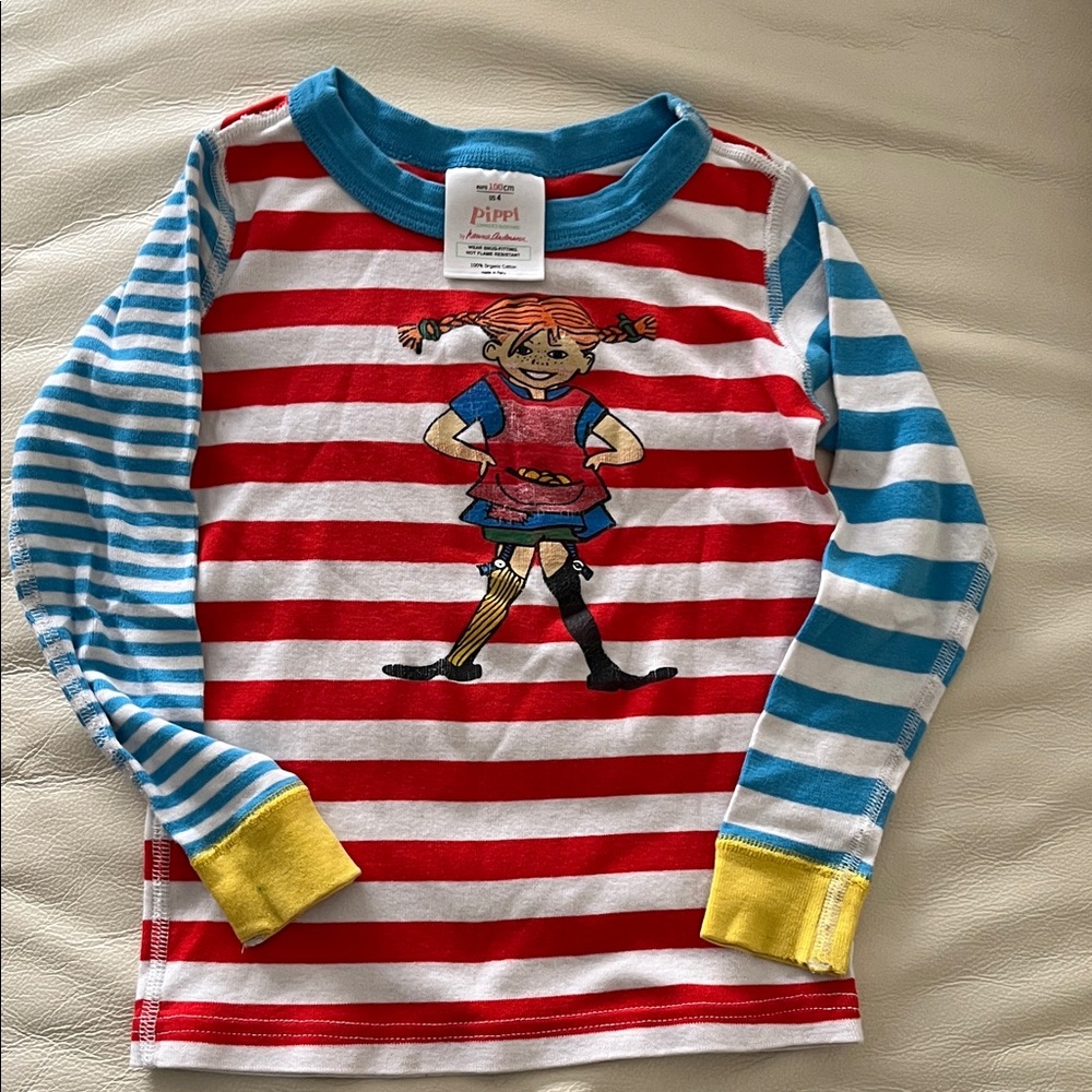 Hanna Andersson Red & Blue Pippi Striped Long Sleeve Tee with Yellow Cuffs